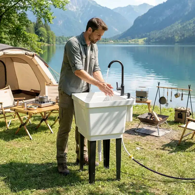 Tragbares Mehrzweck-Waschbecken mit Waschbottich, freistehendes Waschbecken mit Wasserhahn, Seifenspender und Schläuchen