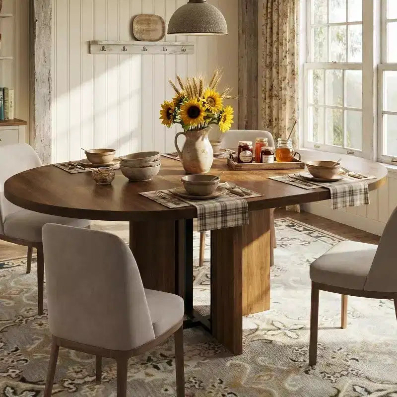 Table de salle à manger ronde extensible de 47-63 po pour 4-8 personnes, table de cuisine extensible en bois de style campagnard avec structure métallique, forme ovale peu encombrante pour appartement, gris rétro