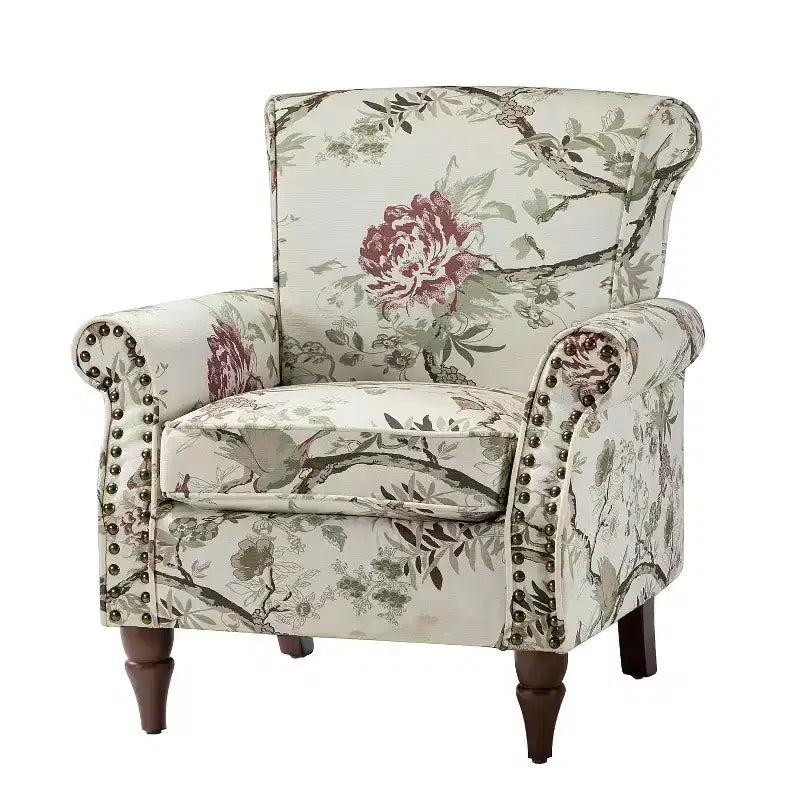 Araceli traditioneller gepolsterter Holzsessel mit Blumenmuster, Ohrenlehnen und Ziernägeln | ART OF LIVING DESIGNS