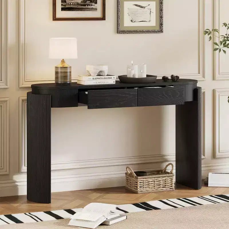 Table console moderne Merax à plateau ovale, avec pieds incurvés cannelés et deux tiroirs dissimulés