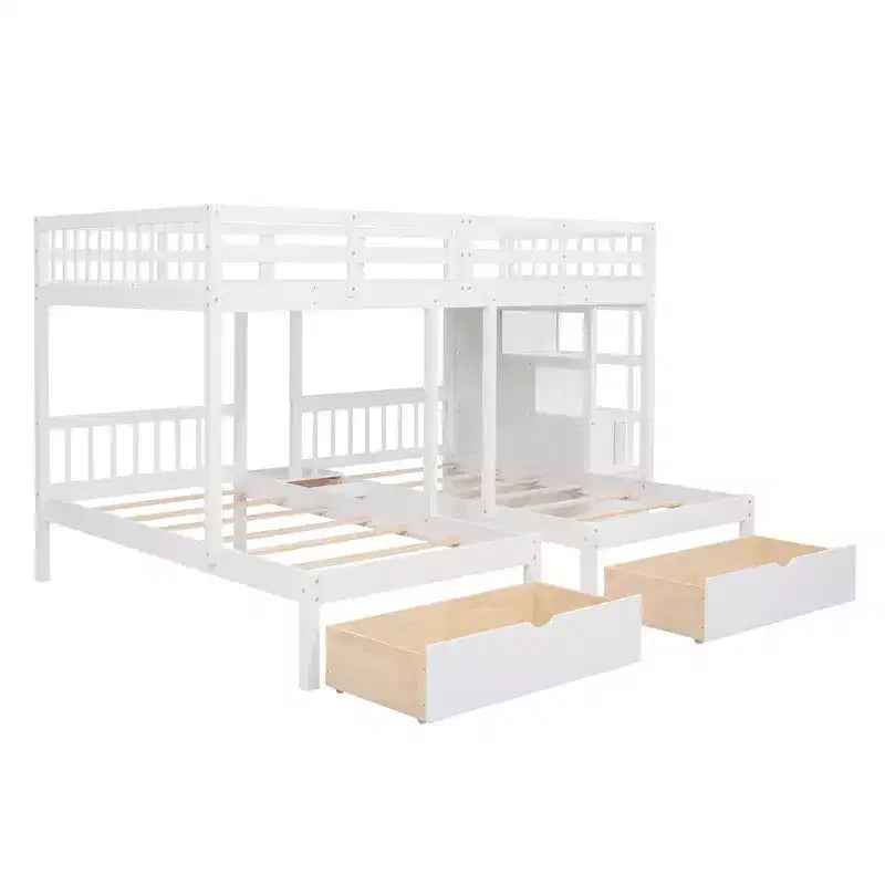 Whisen stapelbed met een twijfelaar boven een eenpersoonsbed en een extra eenpersoonsbed, houten driedubbel stapelbed met laden en valbeveiliging
