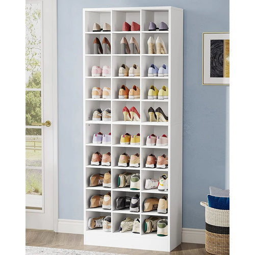 Hoher Schuhschrank für 30 Paar Schuhe, weißes Schuhregal aus Holz mit 10 Ebenen für Kleiderschrank und Eingangsbereich - 10 Ebenen