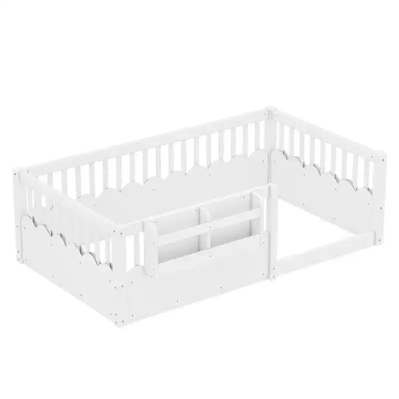 Lit au sol pour enfant Bellemave avec barrières surélevées et bibliothèque, cadre de lit Montessori en bois pour lit simple, pour filles et garçons