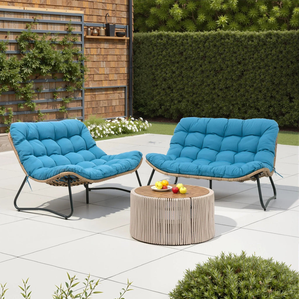 Doppel-Papasan-Sofa mit Sitzkissen, wetterfestes PE-Rattan und Metallgestell für Innen- und Außenbereich