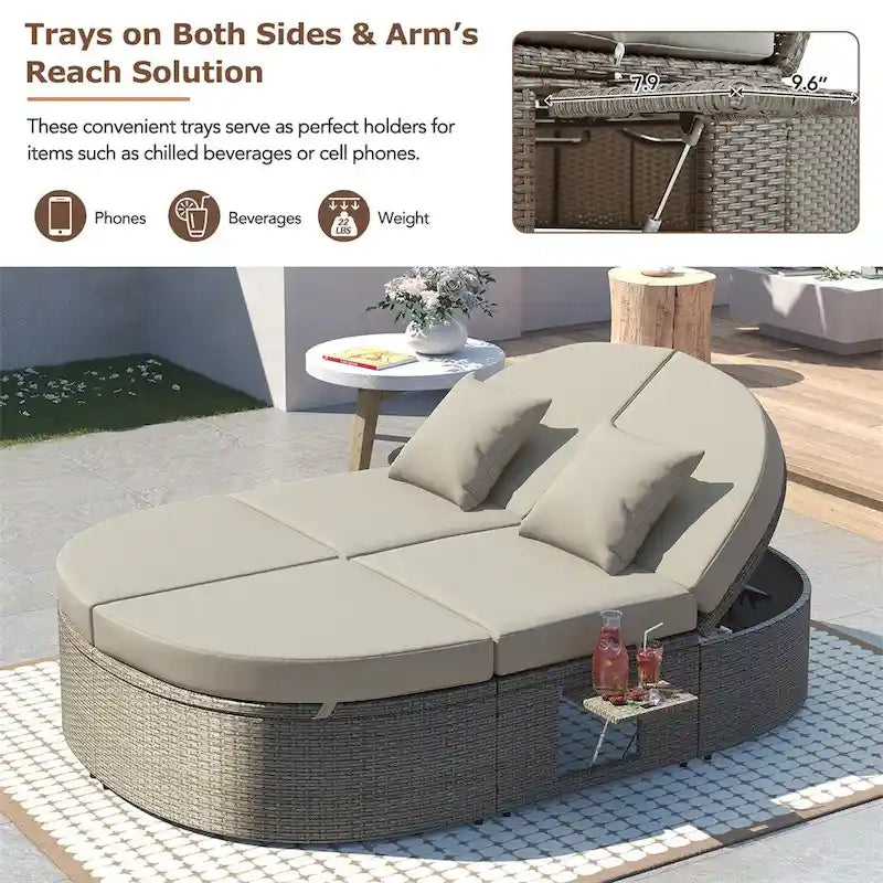 Lit de soleil d’extérieur pour patio, banquette-lit 2 places avec coussins et oreillers