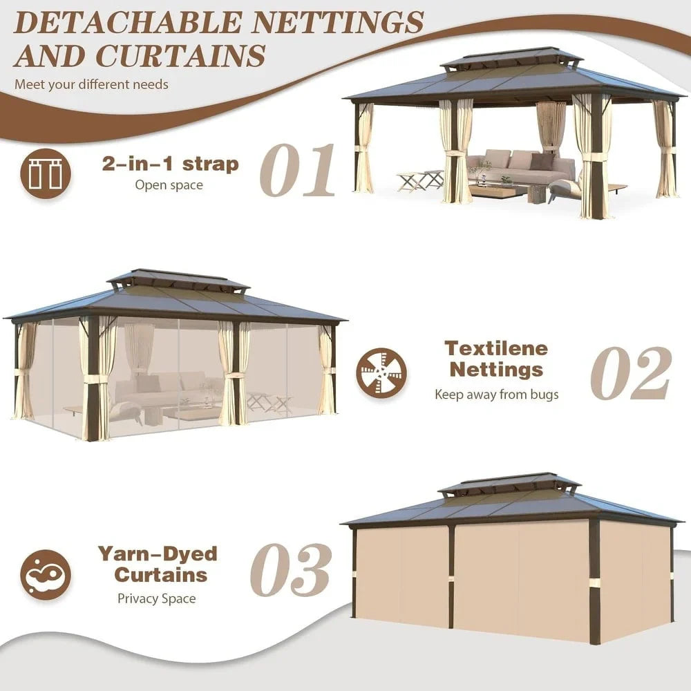 EROMMY Pavillon mit festem Dach, Pergola für den Außenbereich mit Doppeldach, Moskitonetz und Vorhängen, strapazierfähiges Sonnendach für Terrasse, Garten und Poolpartys