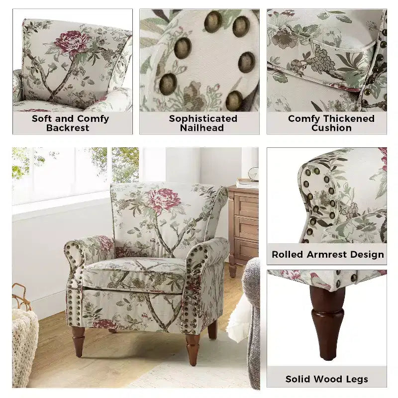 Araceli traditioneller gepolsterter Holzsessel mit Blumenmuster, Ohrenlehnen und Ziernägeln | ART OF LIVING DESIGNS