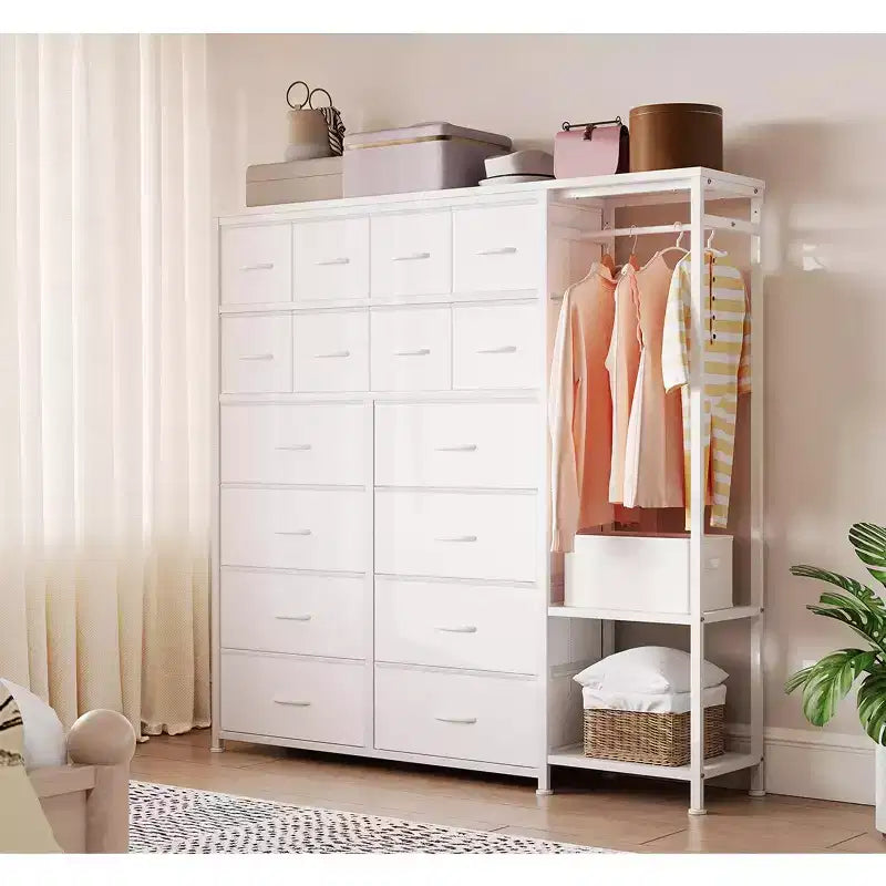 Kommode mit 16 Schubladen, Kleiderstange und Regalen, Stoff-Aufbewahrungsorganizer für Schlafzimmer, Kleiderschrank oder Eingangsbereich
