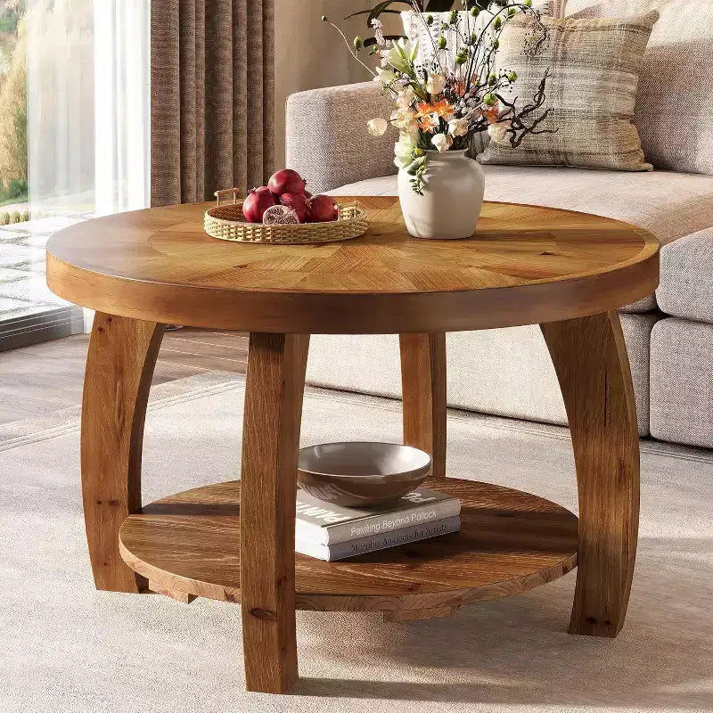 Lantine runder Couchtisch aus Massivholz, 2-stufiger Beistelltisch mit Stauraum, 31.5 Zoll Tischplatte mit Mosaikmuster, einfacher Aufbau, fürs Wohnzimmer, Braun