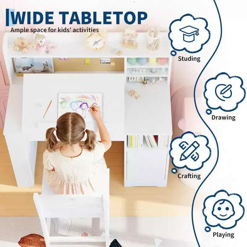 Ensemble bureau et chaise d’étude pour enfants avec rangement, bureau d’étude avec étagère supérieure inclinable, pour les enfants de 3 à 8 ans, table d’écriture pour chambre