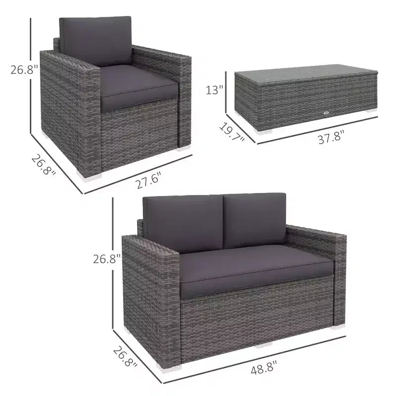 4-delige tuinset van rotan, loungeset van vlechtwerk met loveseat, stoelen en salontafel met glazen blad voor buiten