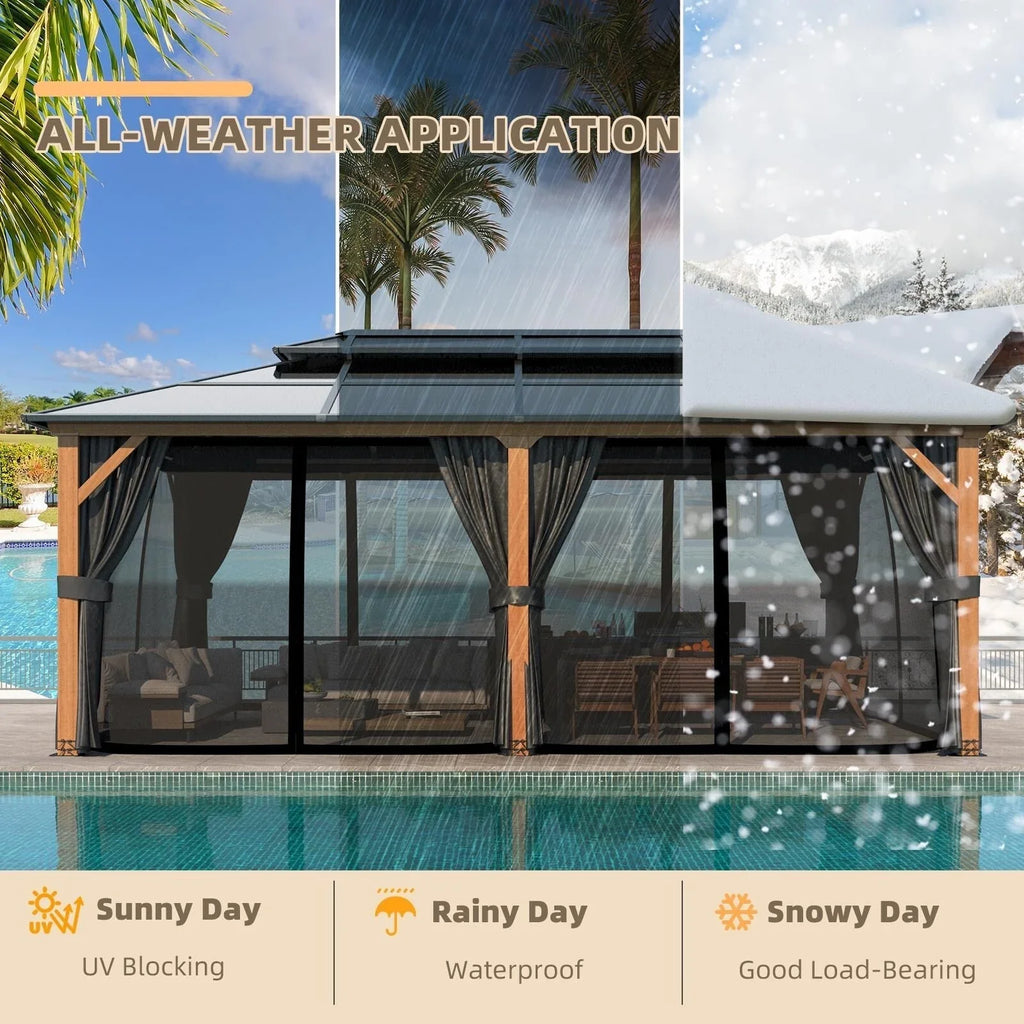 EROMMY Pavillon mit festem Dach, Pergola für den Außenbereich mit Doppeldach, Moskitonetz und Vorhängen, strapazierfähiges Sonnendach für Terrasse, Garten und Poolpartys