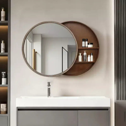 Miroir mural rond moderne coulissant de 23.6 avec rangement, miroir gain de place pour la salle de bain et miroir décoratif pour le salon