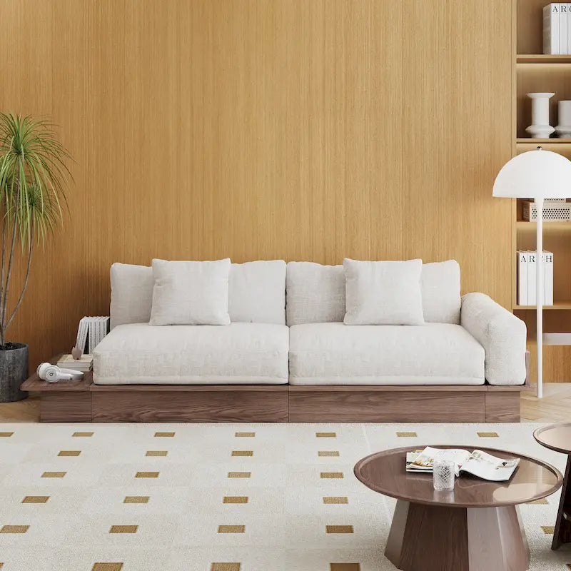 Nowoczesna sofa JASIWAY z litego drewna, tapicerowana bawełnianą tkaniną lnianą