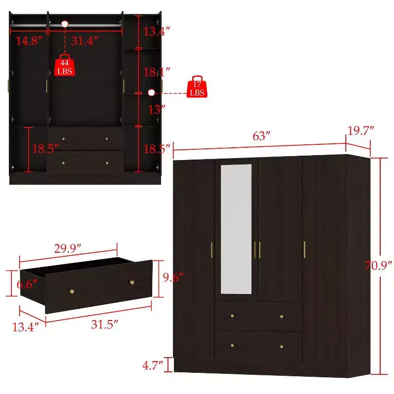 Hitow-kledingkast met 2 grote laden, centraal hanggedeelte en spiegel, minimalistische stijl