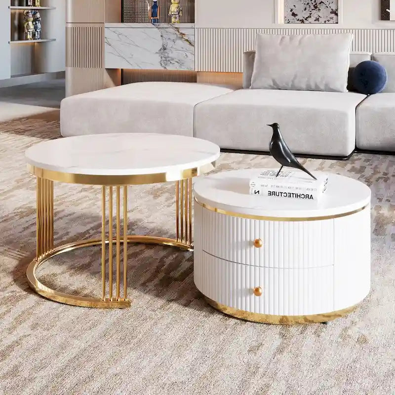 Set van 2 witte ronde salontafels die in elkaar passen, met laden