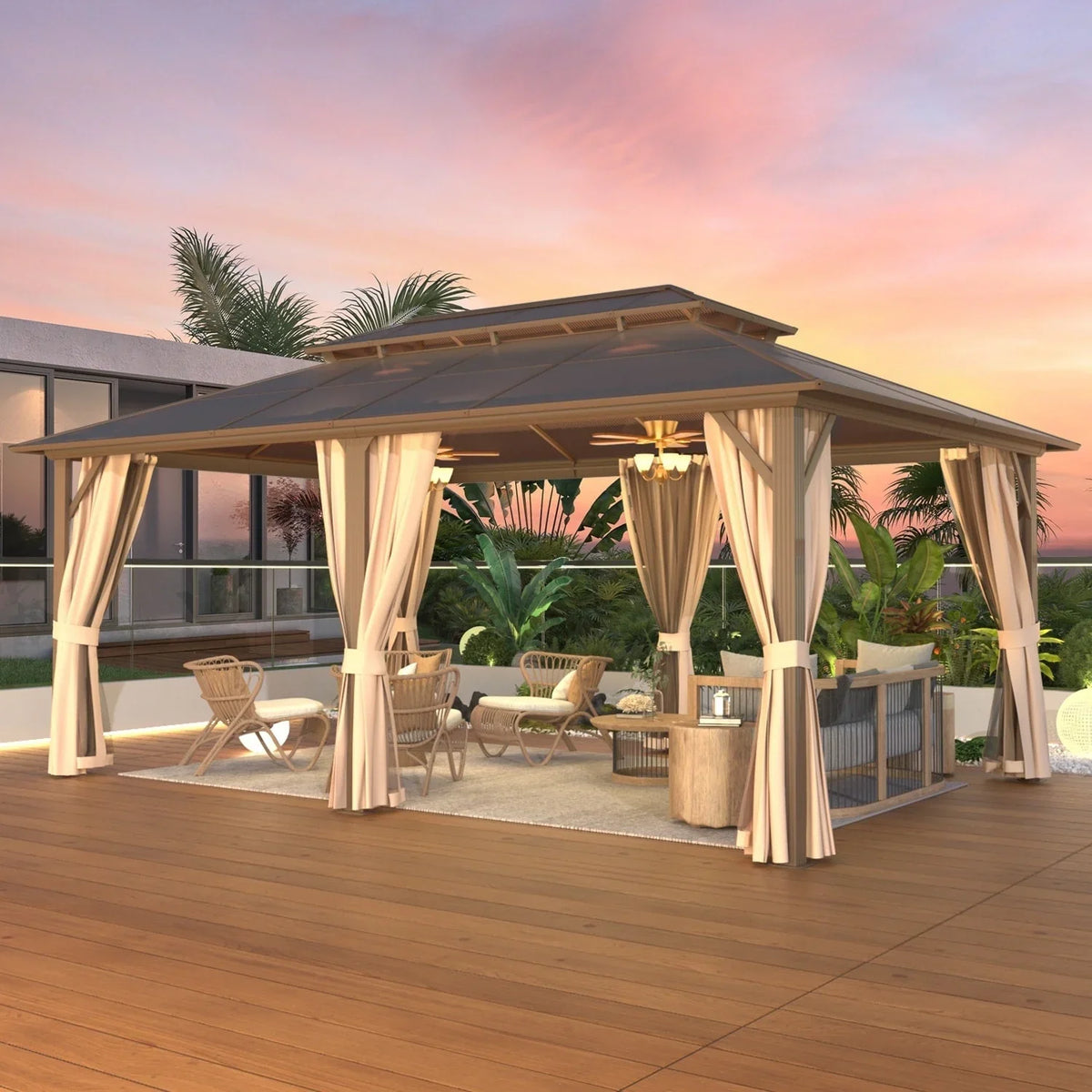 EROMMY Pavillon mit festem Dach, Pergola für den Außenbereich mit Doppeldach, Moskitonetz und Vorhängen, strapazierfähiges Sonnendach für Terrasse, Garten und Poolpartys