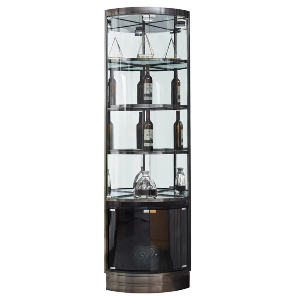 Meuble d’angle à plusieurs niveaux avec étagères en verre et métal, pour rangement, présentation et bouteilles de vin