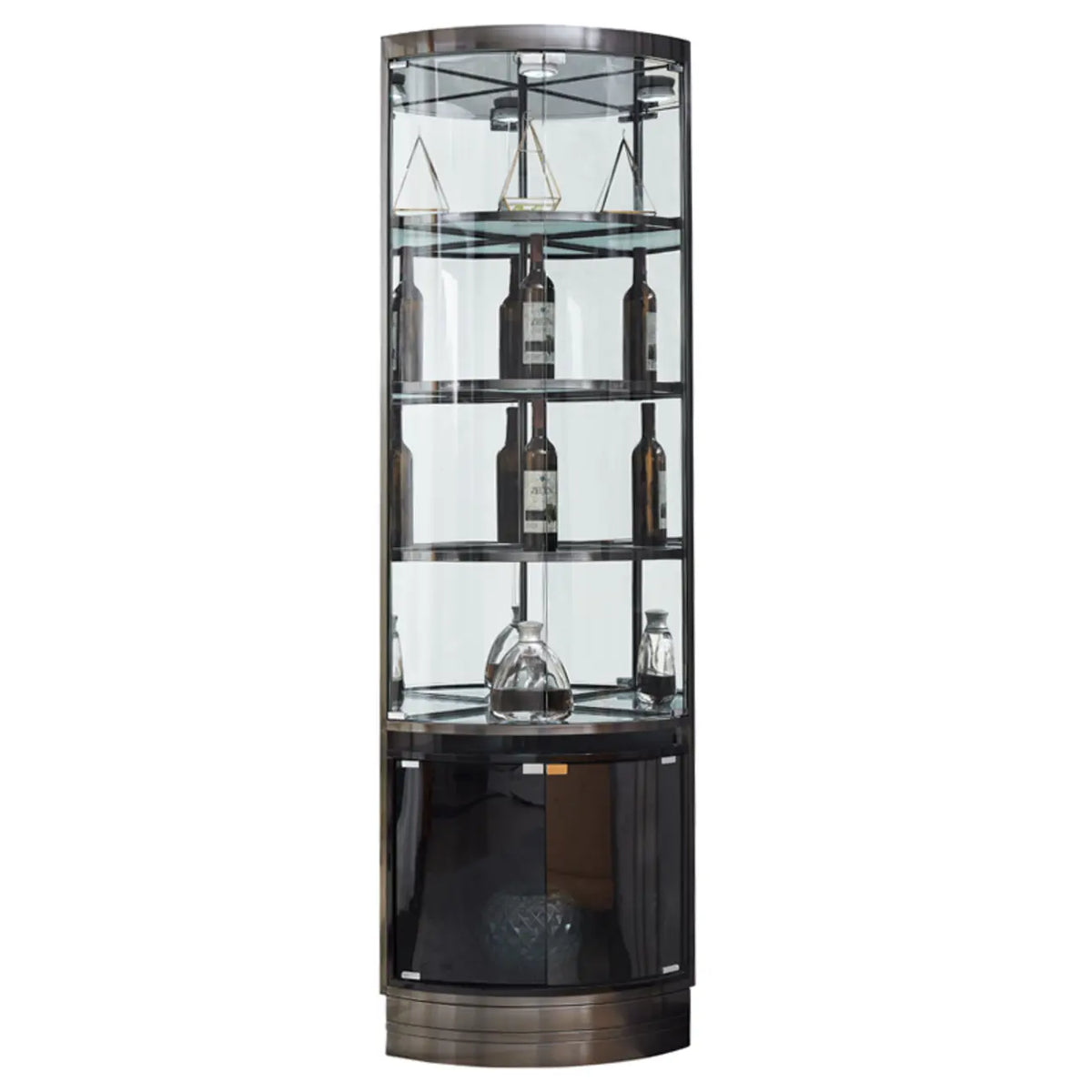 Meuble d’angle à plusieurs niveaux avec étagères en verre et métal, pour rangement, présentation et bouteilles de vin