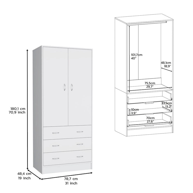 19 Moderner zweitüriger Kleiderschrank mit 3 Schubladen und 1 Kleiderstange fürs Schlafzimmer
