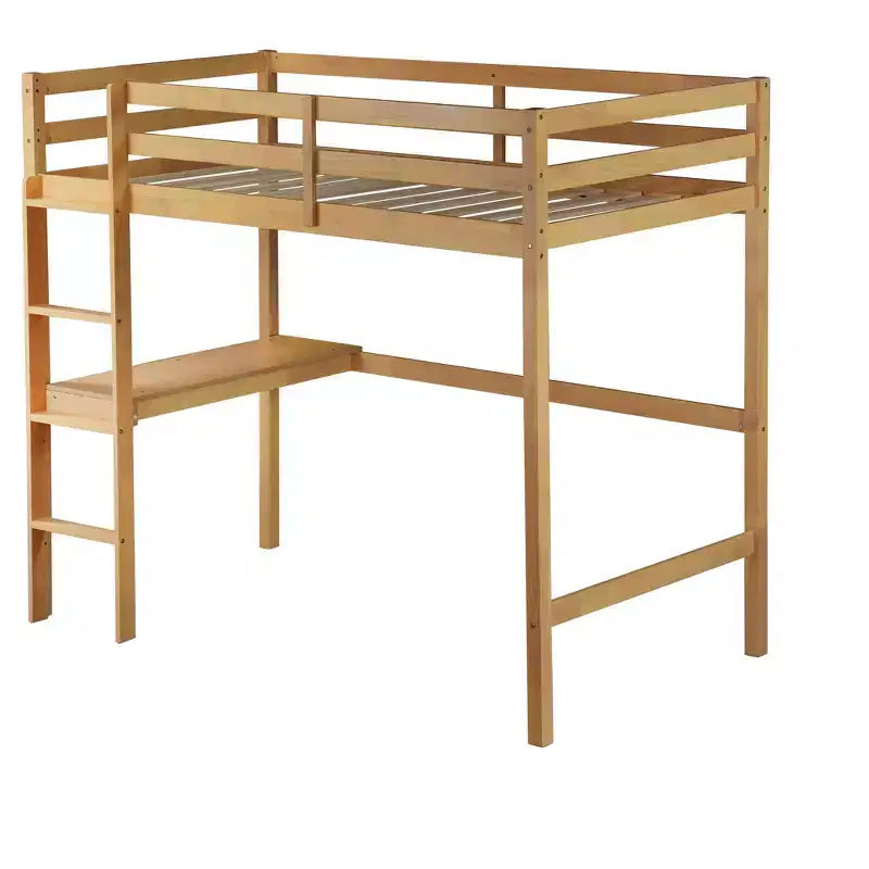 Okak minimalistisches Hochbett mit Leiter, Hochbett für Einzelbettmatratze aus Gummibaumholz mit Sicherheitsgeländer und eingebautem Schreibtisch, Bettgestell für Kinder und Jugendliche