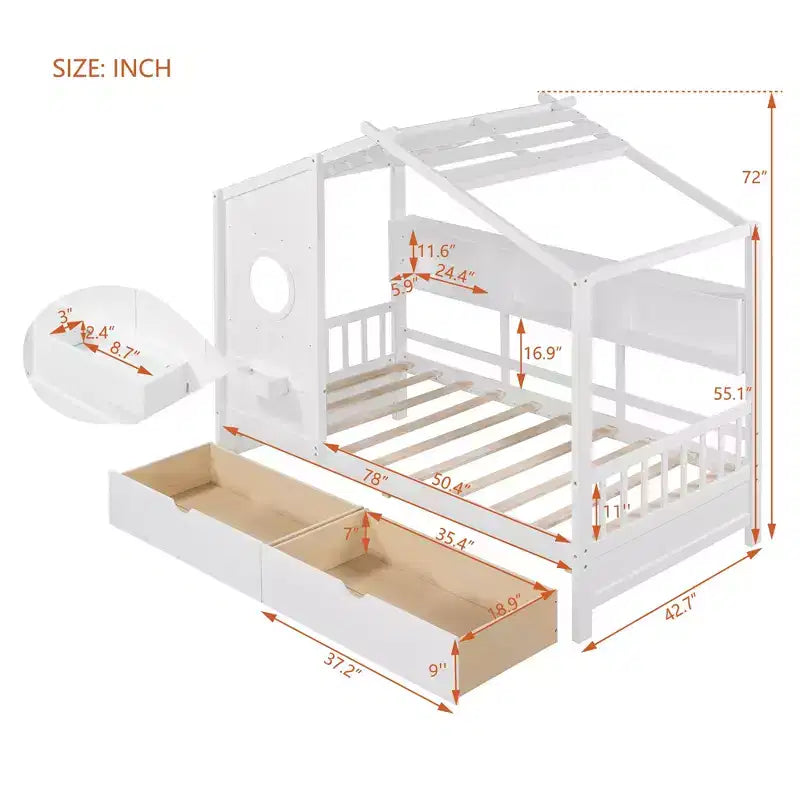 Holzhausbett in Twin-/Full-Size mit 2 Schubladen, Kinderbett mit Ablagefach - ModernLuxe