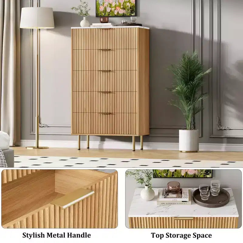 Commode blanche / marbre et bois à 5 tiroirs ?C panneau cannelé, pour 1 personne