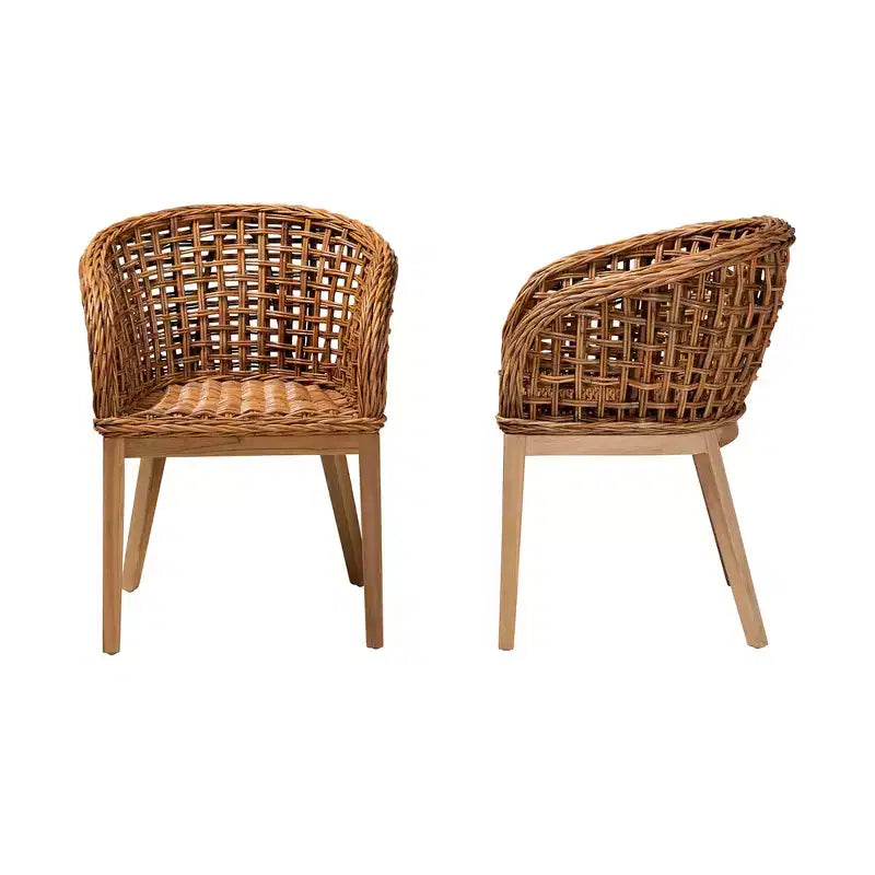 bali & pari Mario moderne bohemien eetkamerstoelen van natuurlijk bruin teakhout en rotan, set van 2