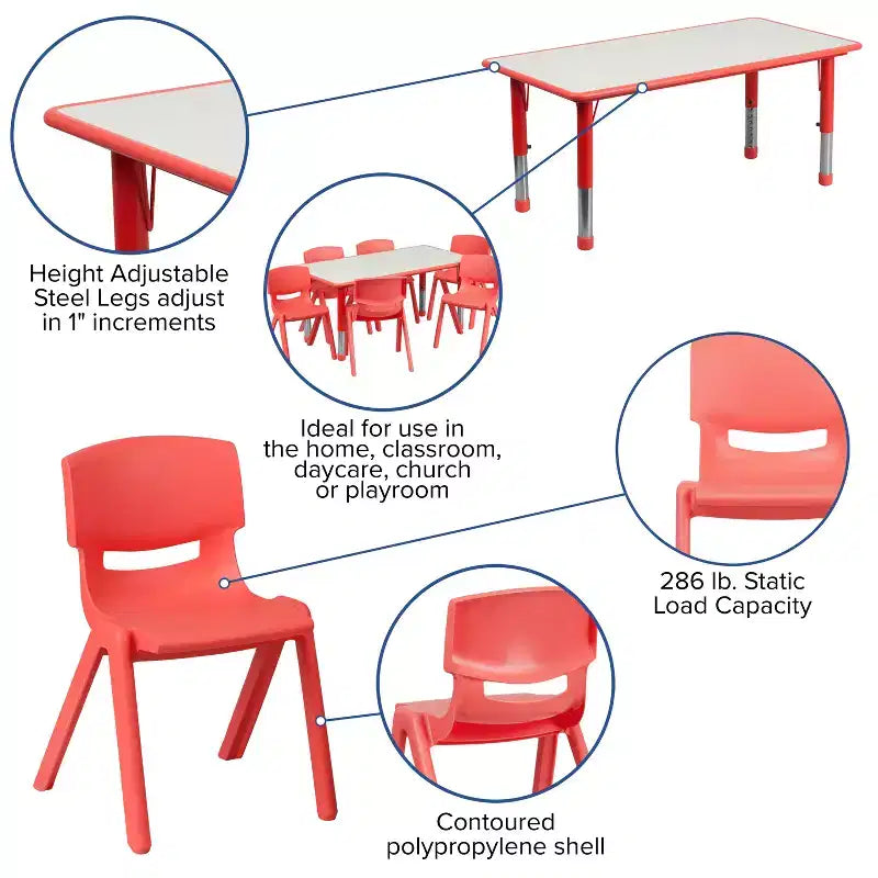 Ensemble table d’activités rectangulaire réglable en hauteur en plastique Emma and Oliver, 23.625W x 47.25L, avec 6 chaises