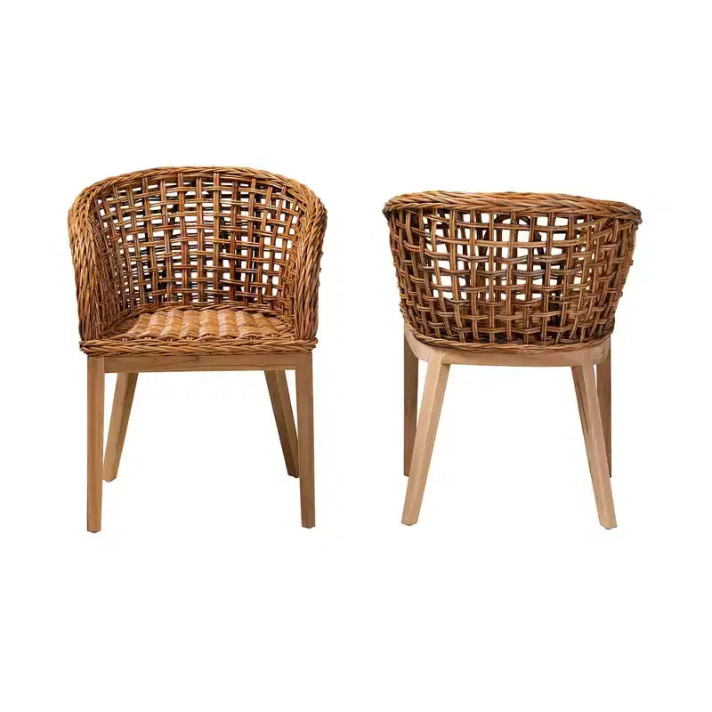 bali & pari Mario moderne bohemien eetkamerstoelen van natuurlijk bruin teakhout en rotan, set van 2