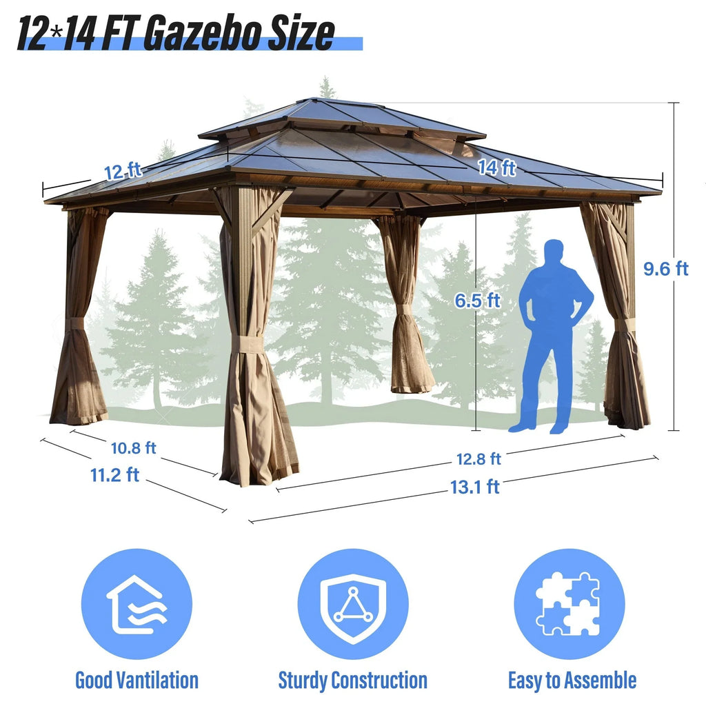 EROMMY Pavillon mit festem Dach, Pergola für den Außenbereich mit Doppeldach, Moskitonetz und Vorhängen, strapazierfähiges Sonnendach für Terrasse, Garten und Poolpartys