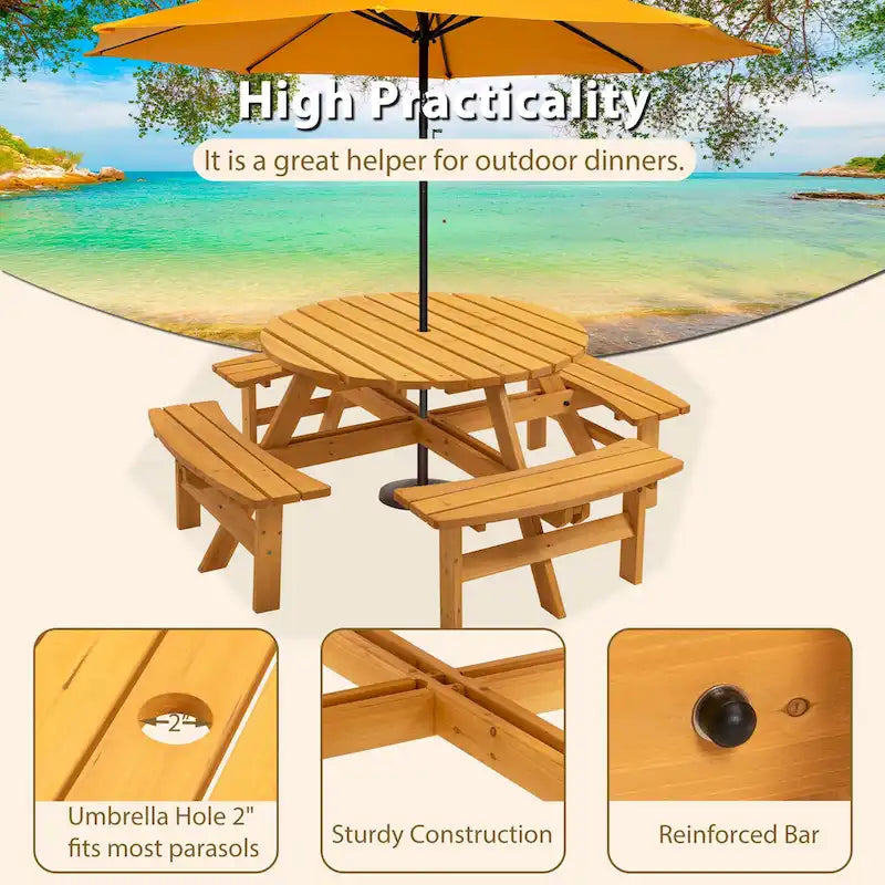 Rundes Picknickset aus Douglasienholz für 8 Personen für Terrasse und Garten, mit 4 integrierten Bänken und Schirmloch