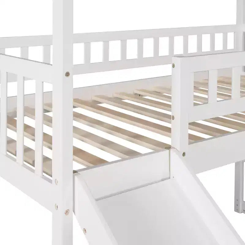 Hochbett in Hausform für Einzelbetten mit Rutsche und Treppe, Hochbett mit Schubladen, Holzhütten-Hochbett für Kinder und Kleinkinder