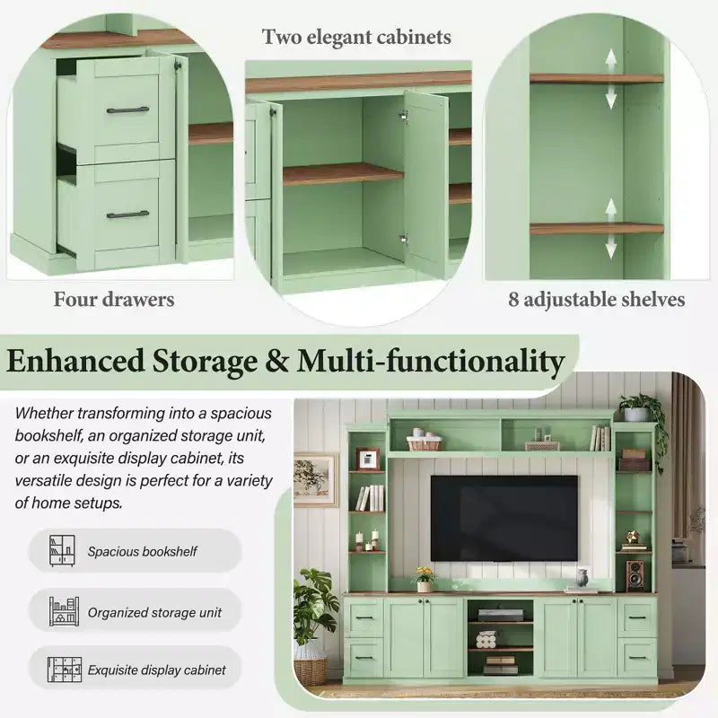 Meuble mural de divertissement de style champêtre ModernLuxe 4 en 1, compatible avec les téléviseurs jusqu'à 70, meuble TV et console multimédia avec étagères réglables et tiroirs