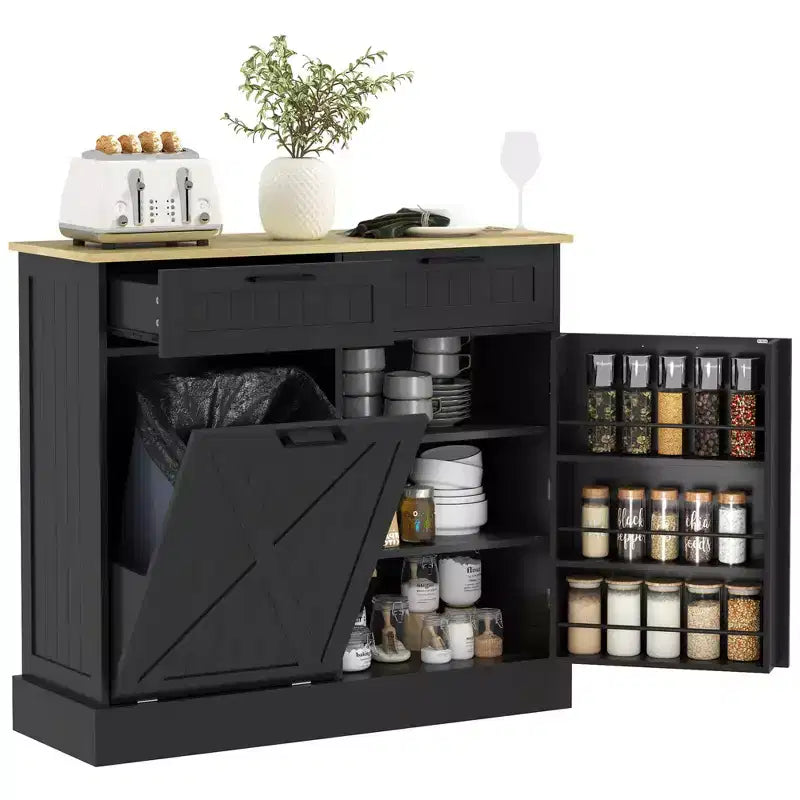 HOMCOM Küchenunterschrank für Mülltonne mit Klappfront und Schubladen, Landhausstil, mit versteckter Mülltonne