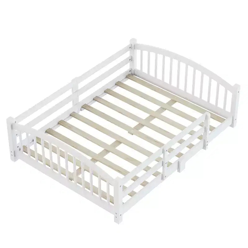 Lit Montessori bas Luxystar, taille grand lit, avec barrières de sécurité et tête de lit