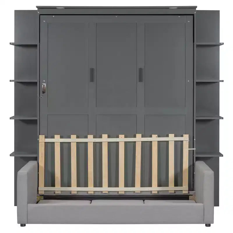 Queensize Murphy-bed met bank, opklapbed in kastformaat met boekenkast en planken voor de logeerkamer of het kantoor