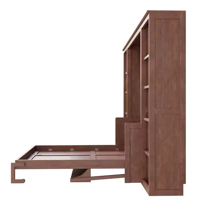 Murphy-Bett in Full-/Queen-Size, platzsparendes Wandbett mit Schreibtisch und Bücherregal, Dunkelbraun - ModernLuxe