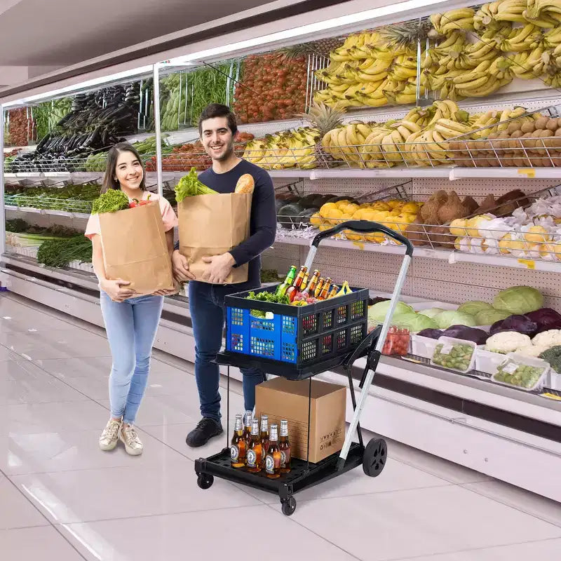 Opvouwbare winkelwagen met 2 niveaus voor boodschappen, draagvermogen van 198 LB, inklapbare boodschappenkar met wielen en afneembare krat voor winkelcentrum en markt, blauw