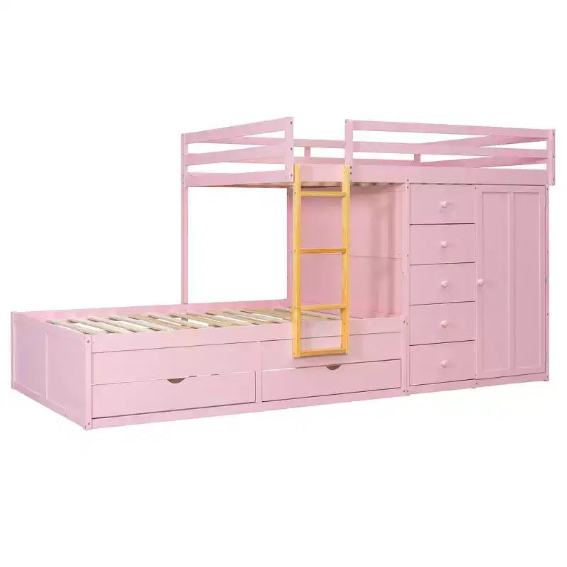 Stapelbed met twee tweepersoonsbedden, opbergkast en laden, houten stapelbed in tweepersoonsformaat met ruimtebesparend ontwerp en veiligheidsreling voor appartement en slaapkamer