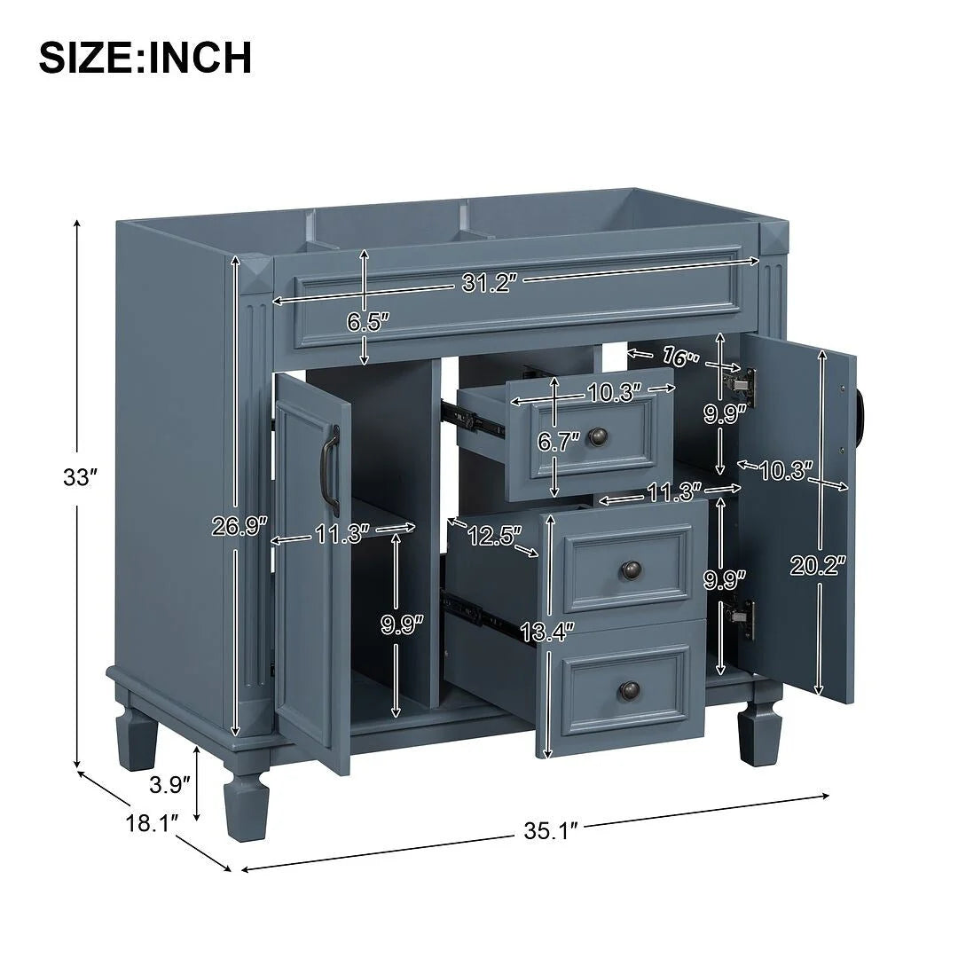 Moderne badkamermeubelset van 36' met wastafelblad en spiegelkast, 2 deuren en 2 laden