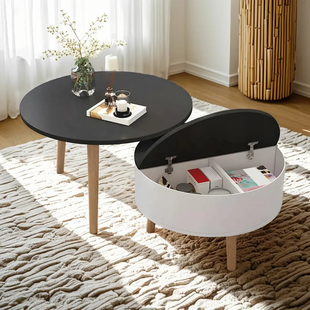 Moderner runder Couchtisch aus Holz in Schwarz und Weiß mit Stauraum