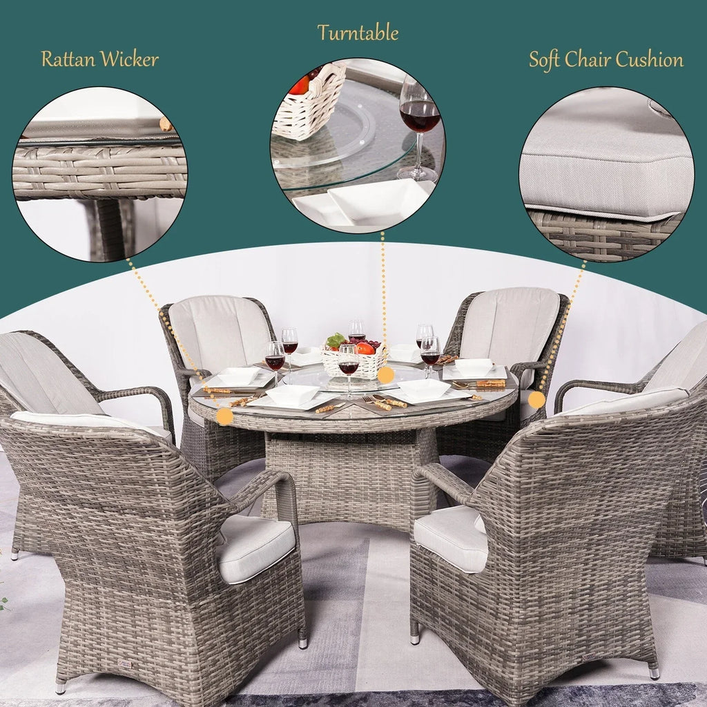 Ensemble de salle à manger rond de patio en rotin tressé d’extérieur, 7 pièces avec coussins, par Moda Furnishings