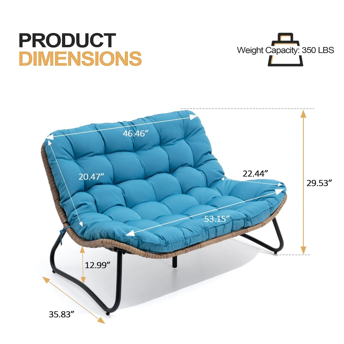Doppel-Papasan-Sofa mit Sitzkissen, wetterfestes PE-Rattan und Metallgestell für Innen- und Außenbereich