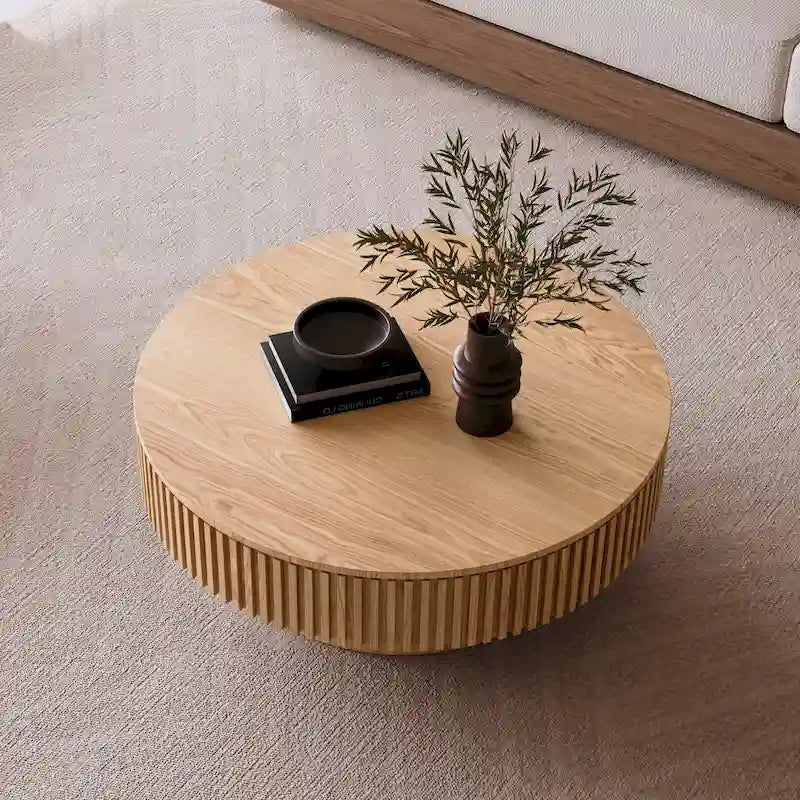 Table basse ronde moderne en bois massif plaqué, avec rangement