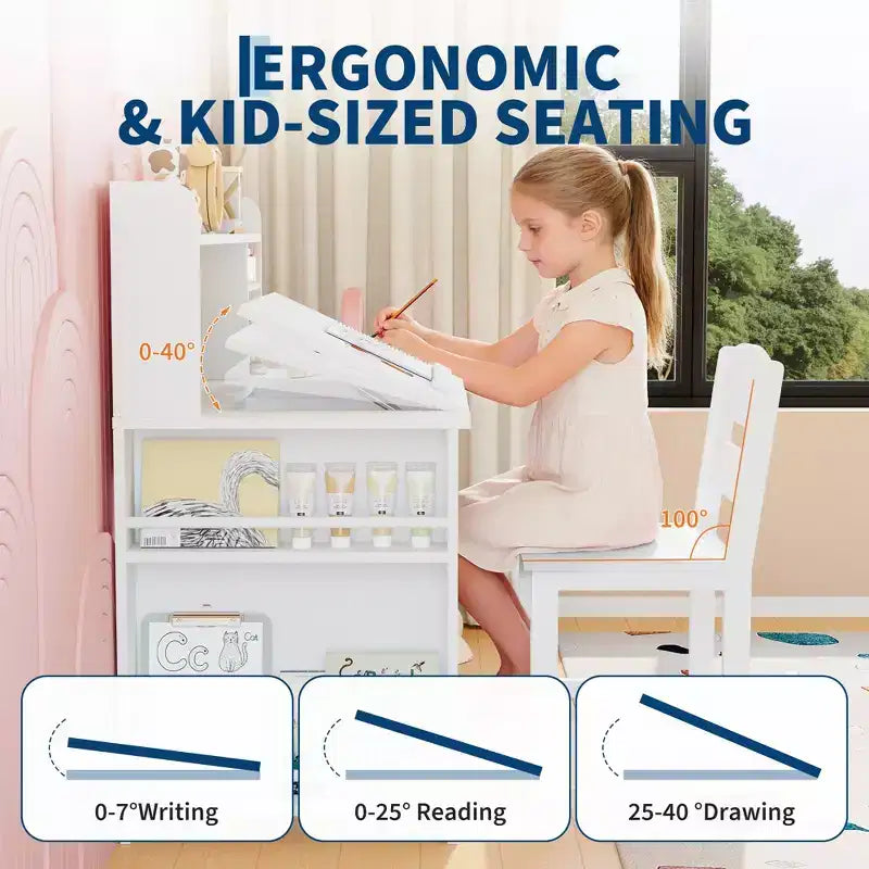 Ensemble bureau et chaise d’étude pour enfants avec rangement, bureau d’étude avec étagère supérieure inclinable, pour les enfants de 3 à 8 ans, table d’écriture pour chambre
