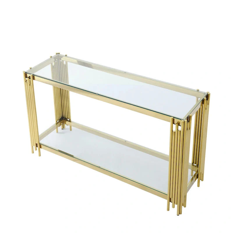 Schmaler Konsolentisch mit 2 Ebenen, goldfarbenem Metallgestell und Tischplatte aus gehärtetem Glas