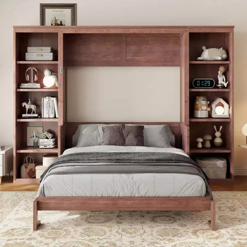 Murphy-Bett in Full-/Queen-Size, platzsparendes Wandbett mit Schreibtisch und Bücherregal, Dunkelbraun - ModernLuxe