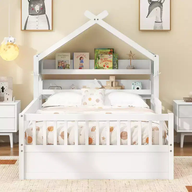 ModernLuxe Holzhüttenbett in Twin-/Full-Größe mit Stauraum-Kopfteil, Kinderbettgestell aus massivem Kiefernholz mit Schutzgittern