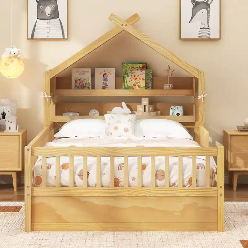 ModernLuxe Holzhüttenbett in Twin-/Full-Größe mit Stauraum-Kopfteil, Kinderbettgestell aus massivem Kiefernholz mit Schutzgittern